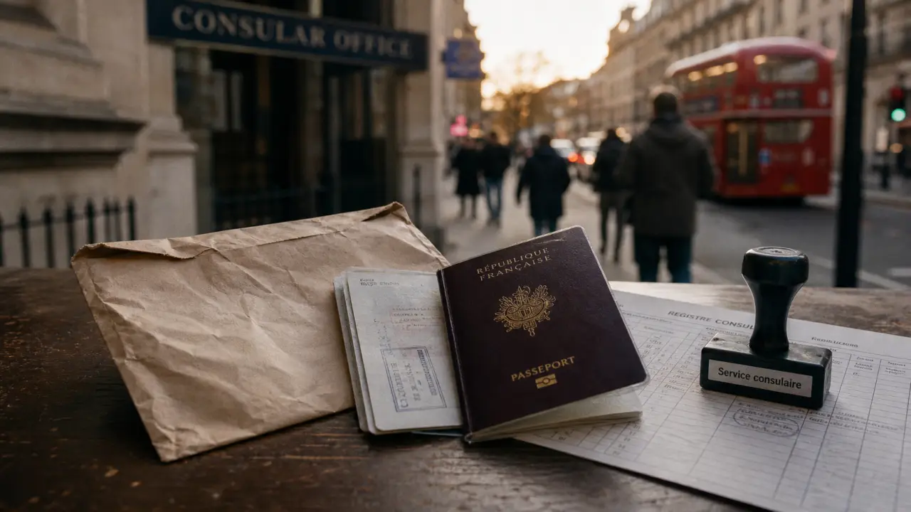 Nombre de français à Londres : enveloppe et passeport français, rue de Londres