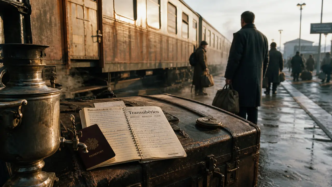 Voyage train transsibérien : passeport et carnet sur un quai de gare