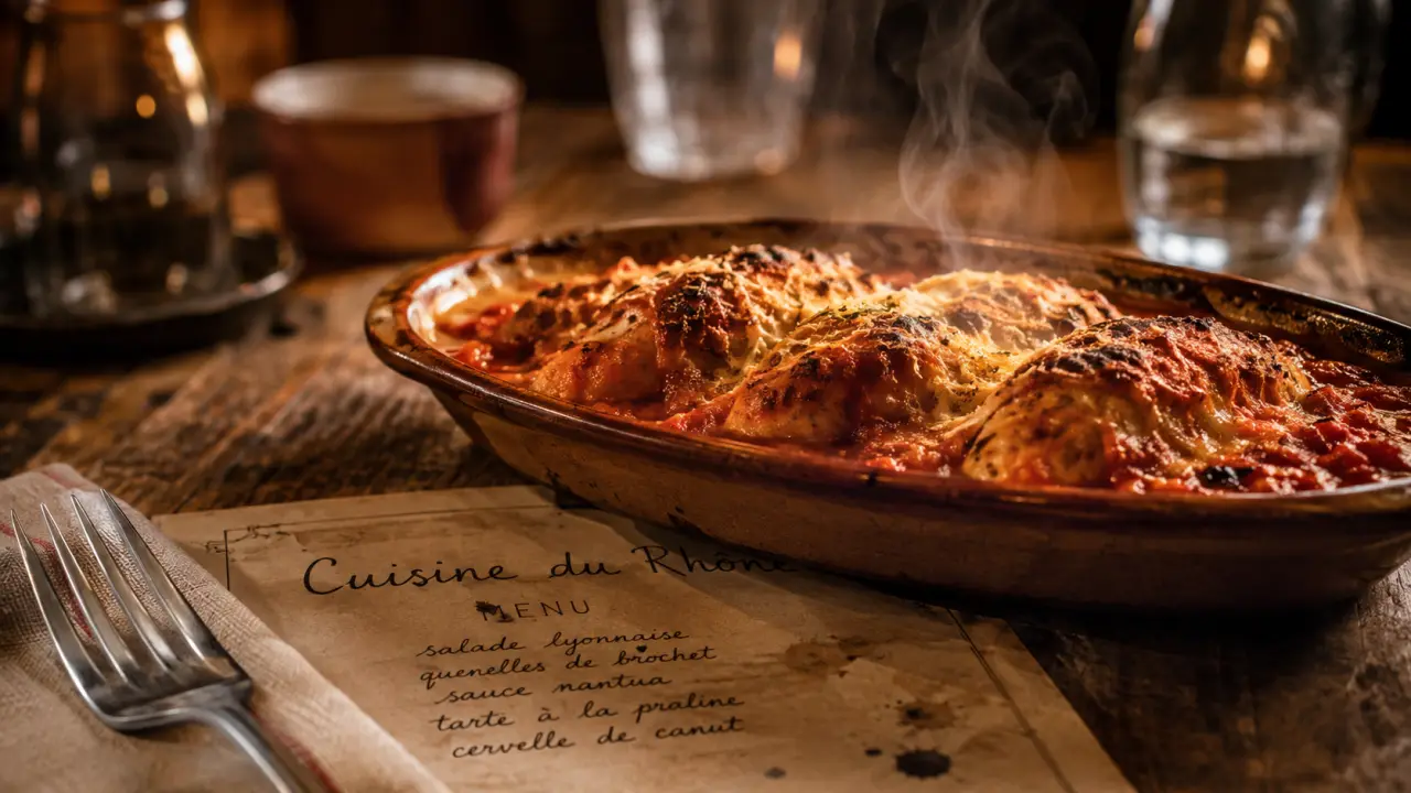 Cuisine du rhone : quenelles lyonnaises gratinées, sauce tomate dorée