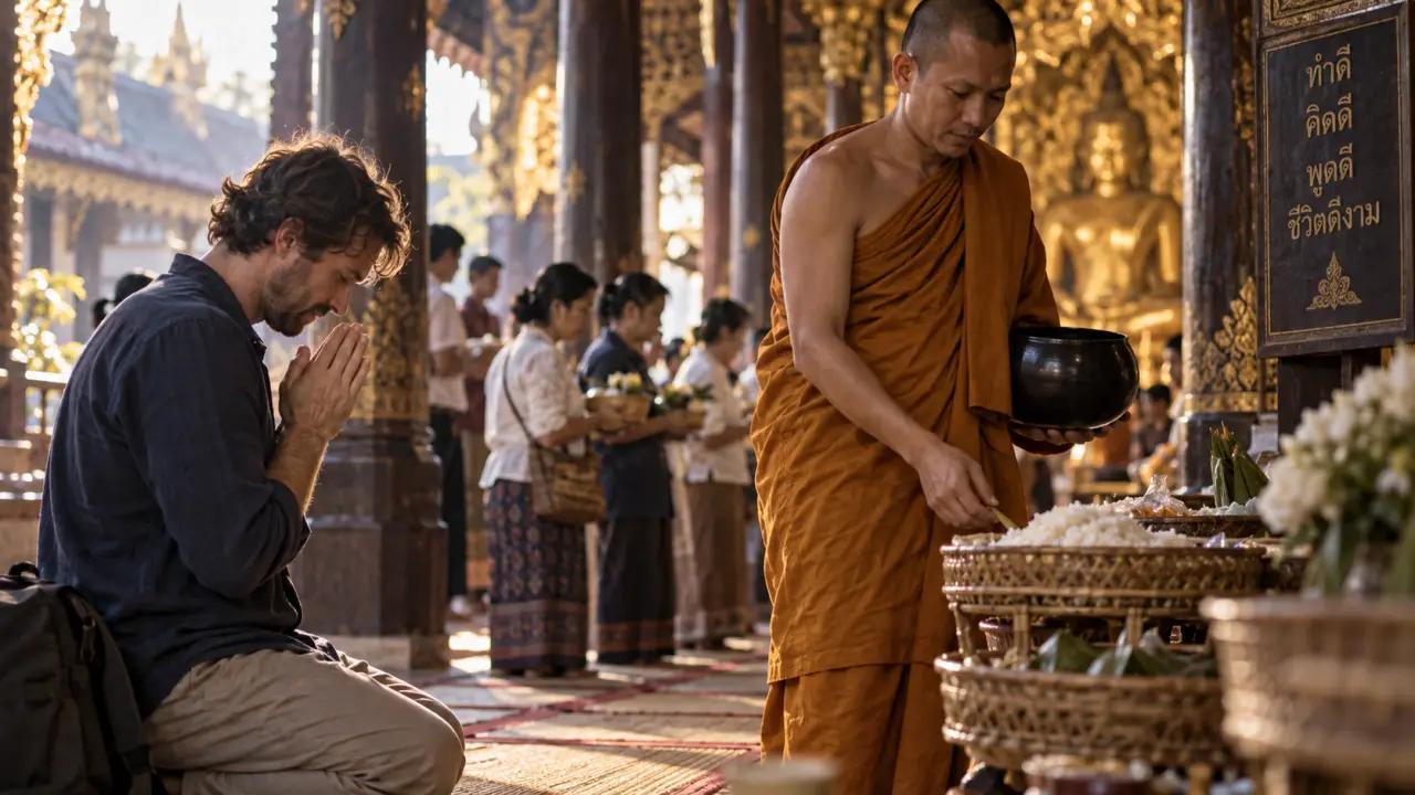 Culture thailandaise : wai dans un wat au petit matin