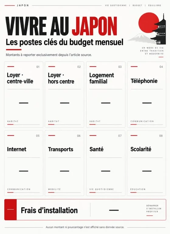 Infographie sur le budget et la vie au Japon selon les dépenses de logement, transport, santé et scolarité