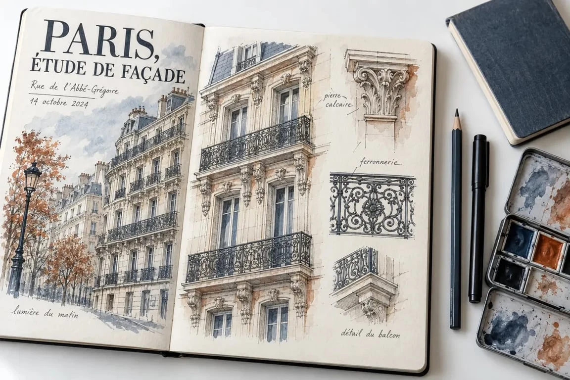 Page illustrée d’un carnet de voyage Paris avec croquis, aquarelle et matériel de dessin