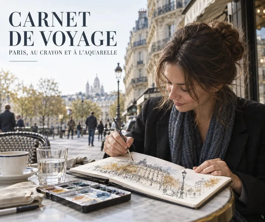 Personne réalisant un carnet de voyage Paris au crayon et à l’aquarelle en extérieur