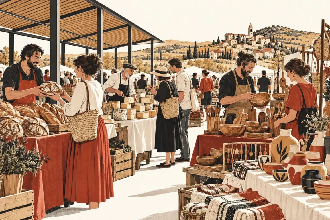 Artisanat local présenté sur un marché avec des produits et créations régionales