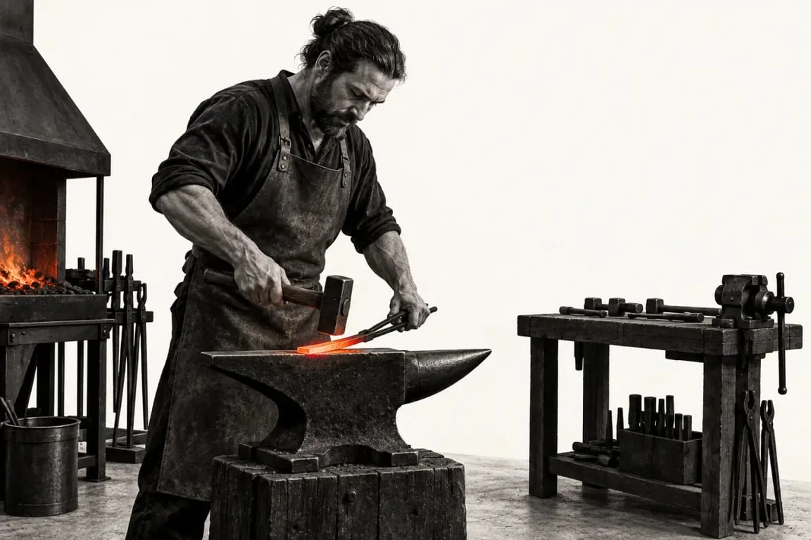 Artisanat local dans un atelier de forge, avec un artisan travaillant l’acier