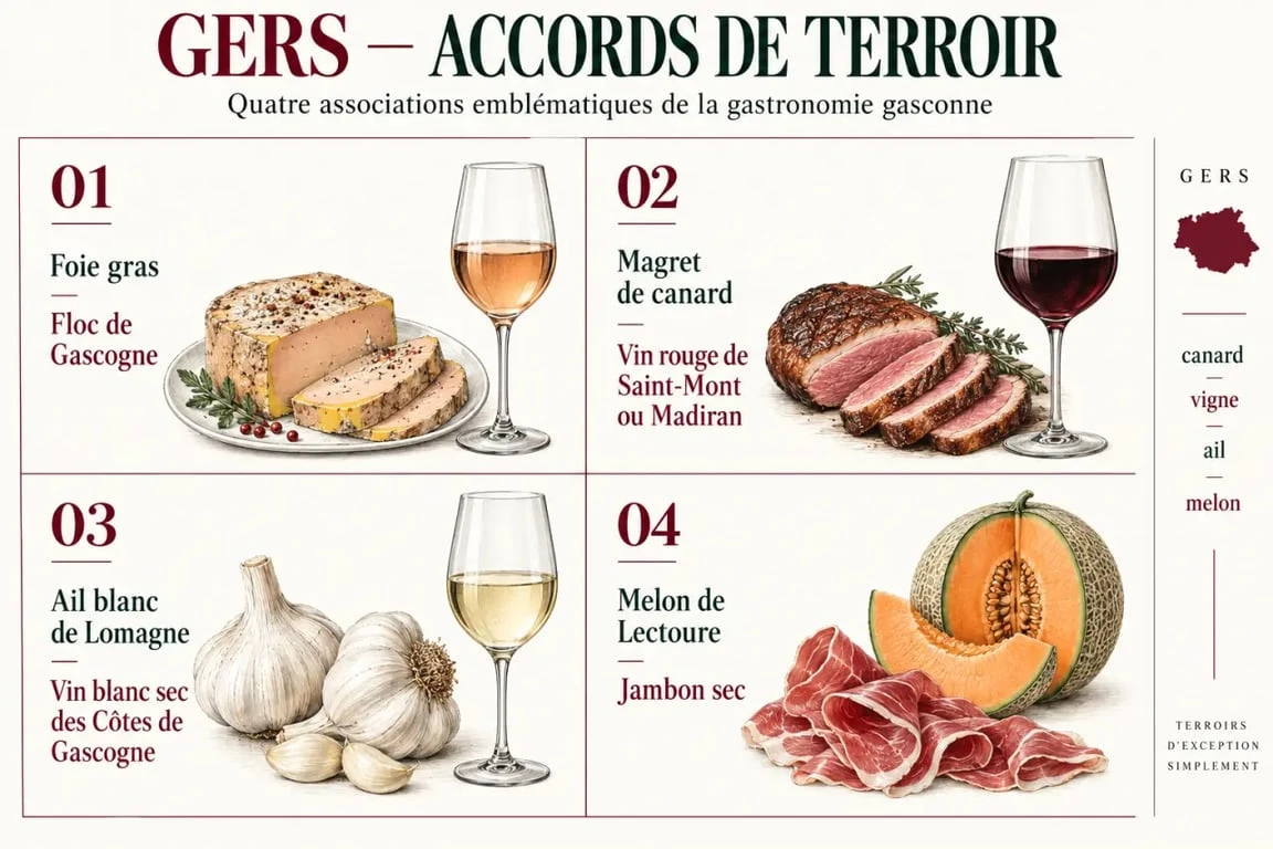 Infographie sur la gastronomie Gers et les accords entre spécialités et boissons locales