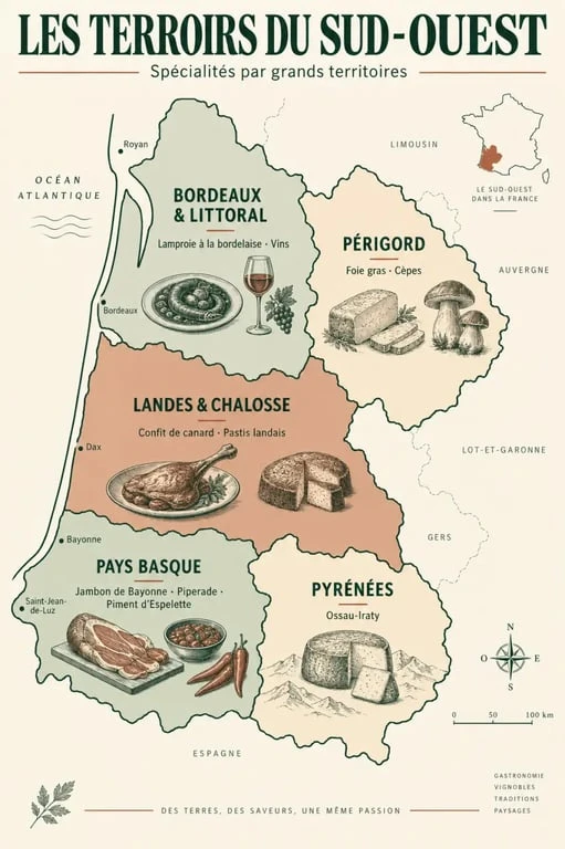 Infographie des spécialités du Sud-Ouest par terroir, du Périgord au Pays Basque et aux Pyrénées