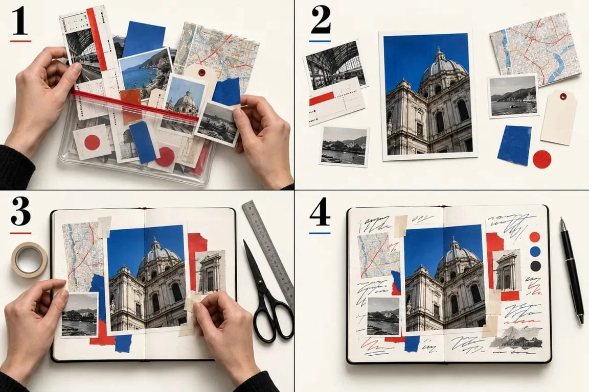 Idées inspirantes carnet de voyage exemple pour composer une page avec tickets, photos et souvenirs