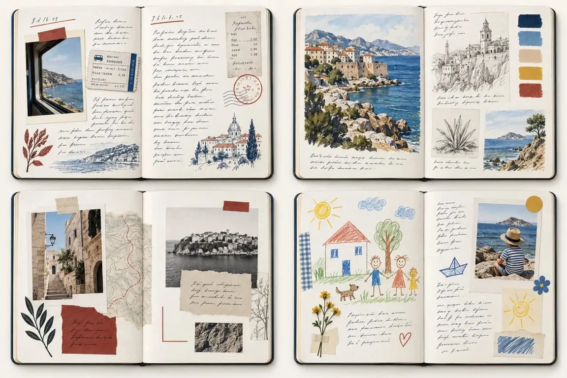 Idées inspirantes carnet de voyage exemple avec pages d’écriture, collage, aquarelle et carnet familial