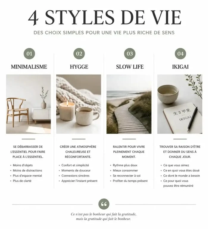 Panorama des différents styles de vie : minimalisme, hygge, slow life et ikigai pour un lifestyle équilibré.