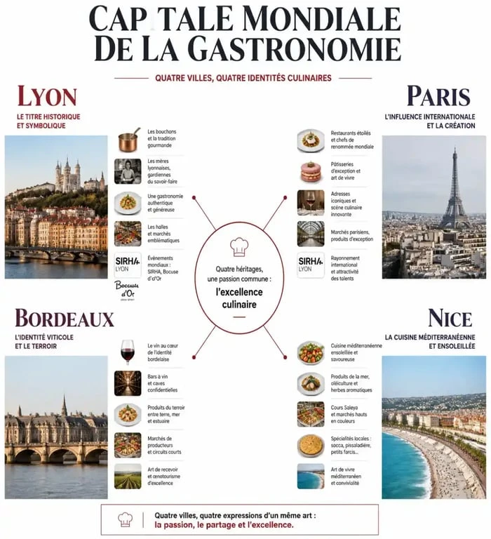 Infographie comparative sur la capitale mondiale de la gastronomie entre Lyon, Paris, Bordeaux et Nice
