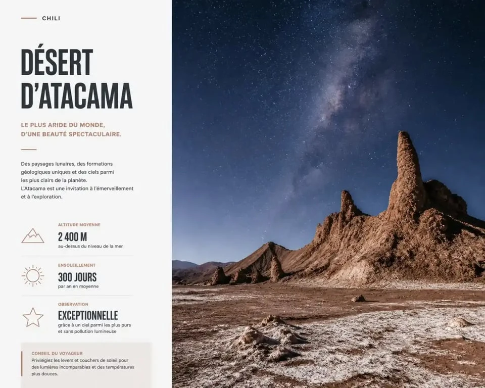 Paysages désertiques de l'Atacama pour l'organisation de votre voyage au Chili