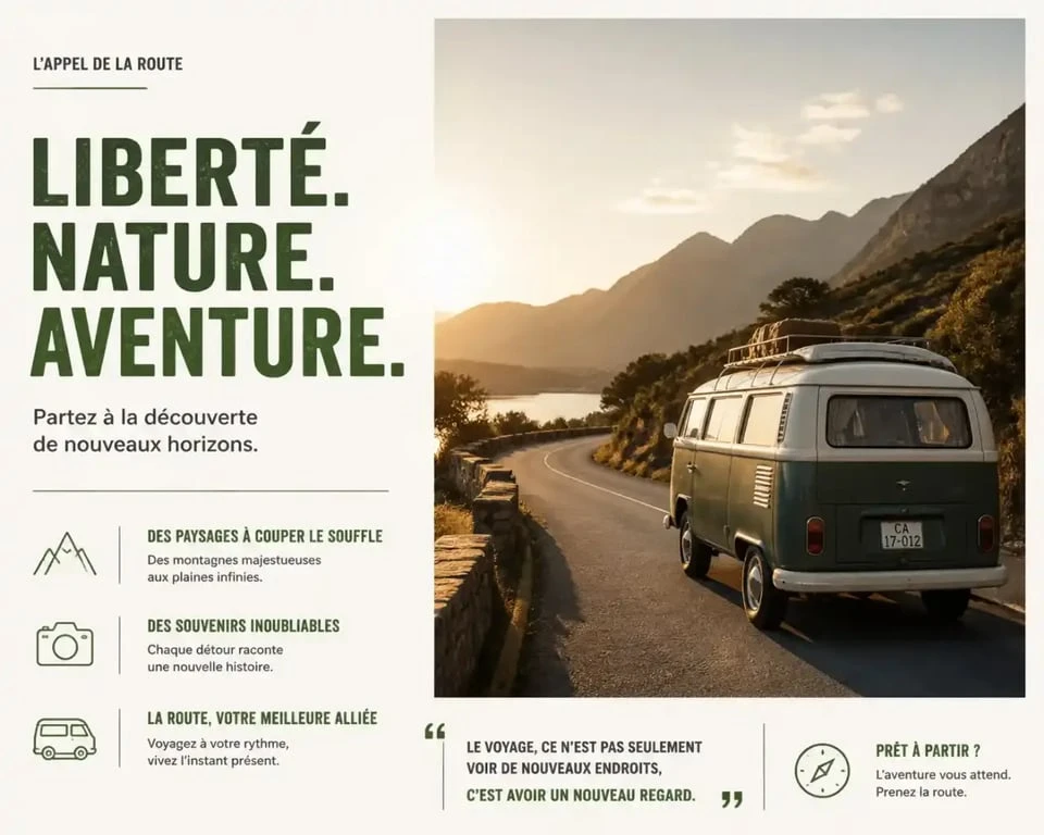 Préparer un road trip : van aménagé sur une route de montagne au coucher du soleil