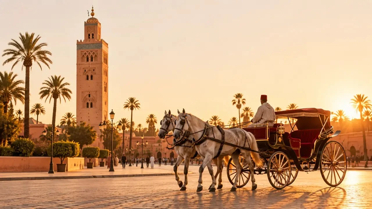 Promenade en calèche à Marrakech près de la Koutoubia au coucher du soleil