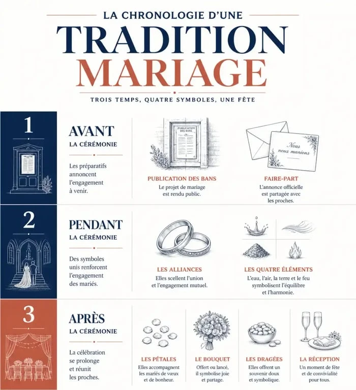 Infographie chronologique des principales étapes d'une tradition mariage en France