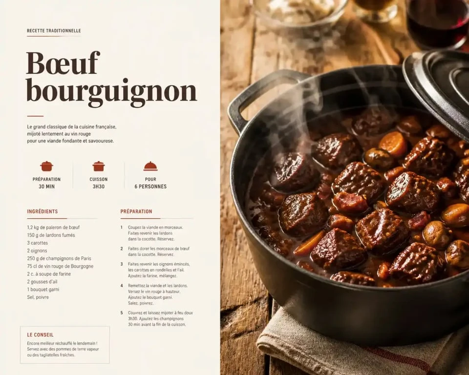 Plats mijotés traditionnels : bœuf bourguignon fondant en cocotte en fonte