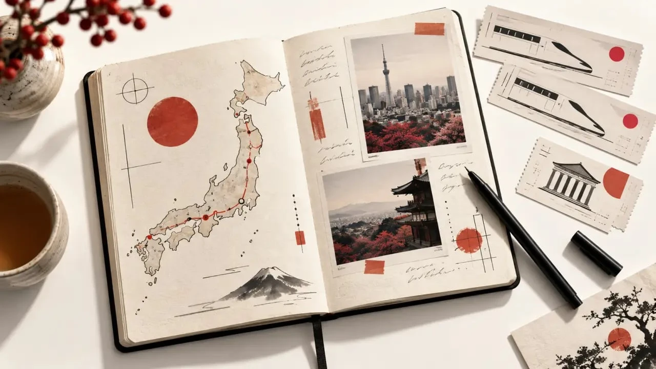 Carnet de voyage Japon ouvert avec billets de train, souvenirs et itinéraire