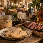 Gastronomie Gers : terrine de foie gras et Floc de Gascogne sur table en bois