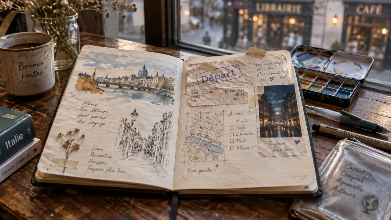 Carnet de voyage A5 avec aquarelle, croquis et tickets près d’une fenêtre, idées inspirantes carnet de voyage exemple