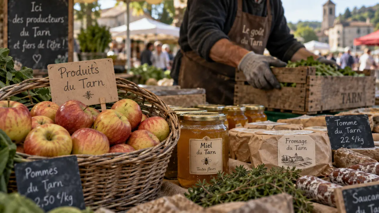 Produits locaux tarn : étal du marché, produits du Tarn