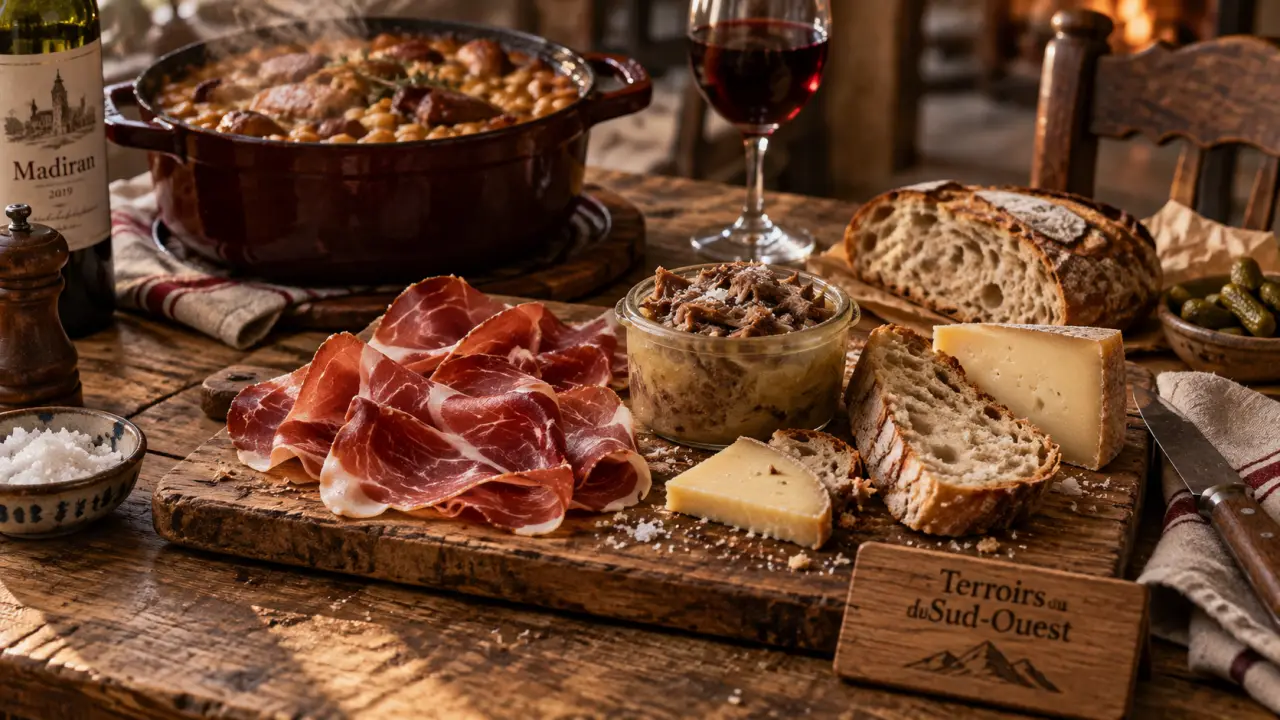 Spécialités sud ouest : jambon de Bayonne, cassoulet et vin rouge