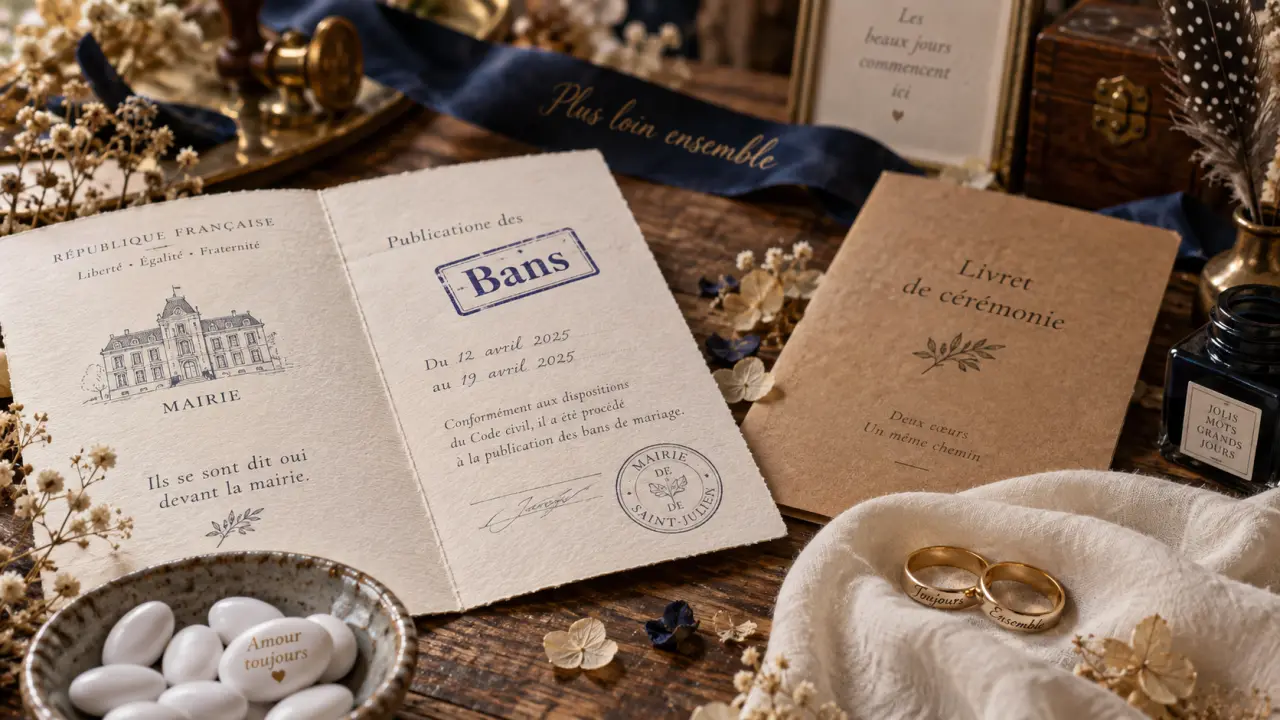 Tradition mariage : carte de mairie “Bans” et alliances pour rites français