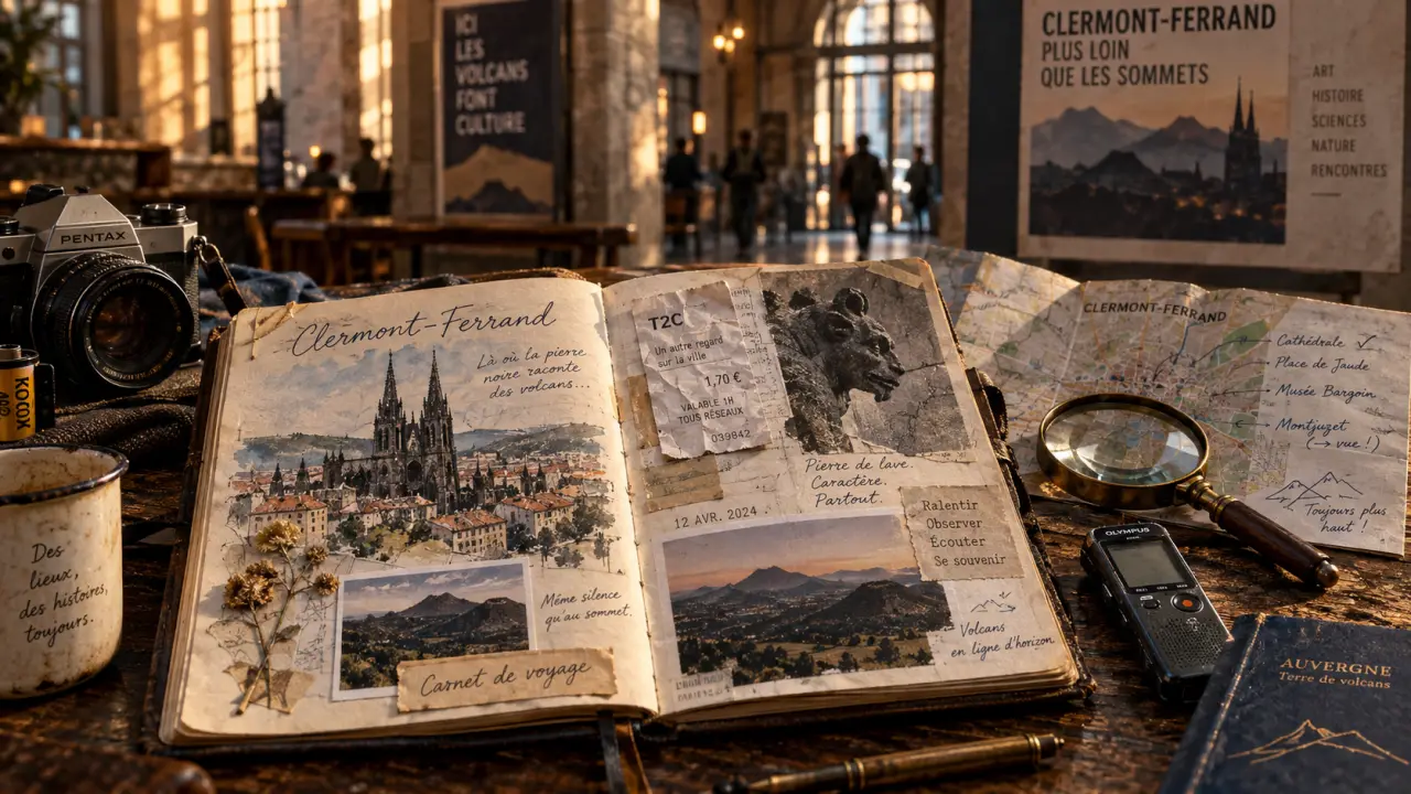 Carnet de voyage clermont : carnet ouvert, carte annotée à Clermont-Ferrand