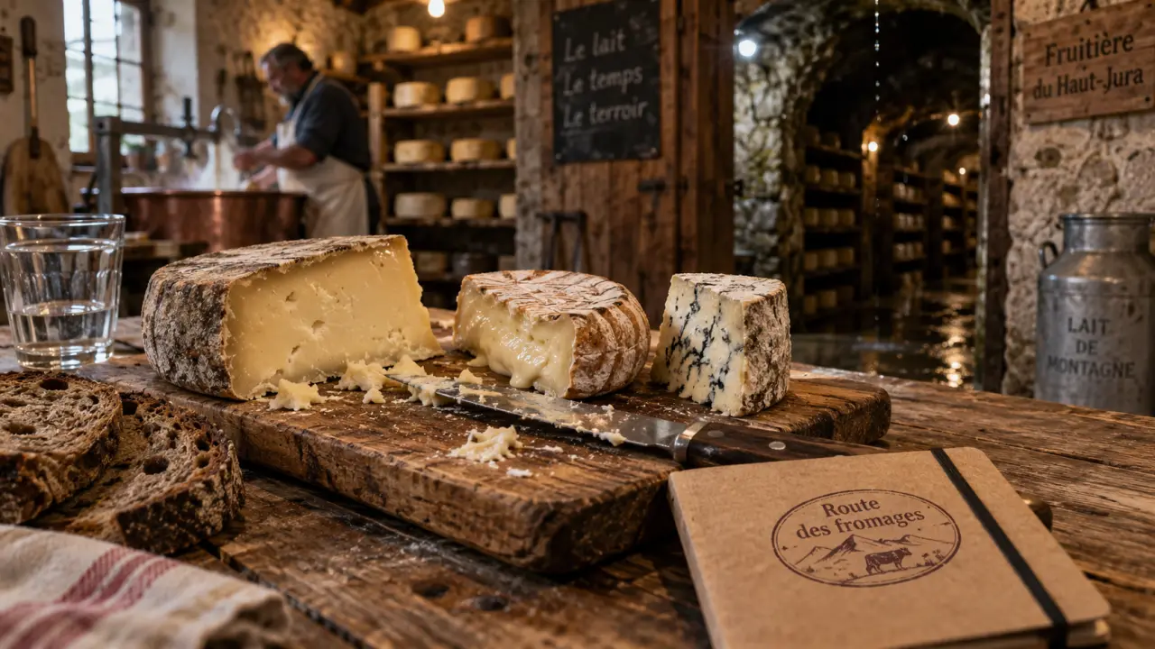 Planche de fromages régionaux sur table de ferme, pour comment organiser un voyage gastronomique à la découverte des fromages régionaux européens.