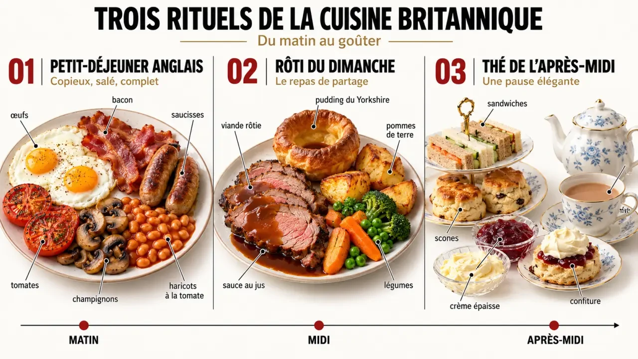 Infographie des plats traditionnels anglais : full English breakfast, Sunday roast et afternoon tea