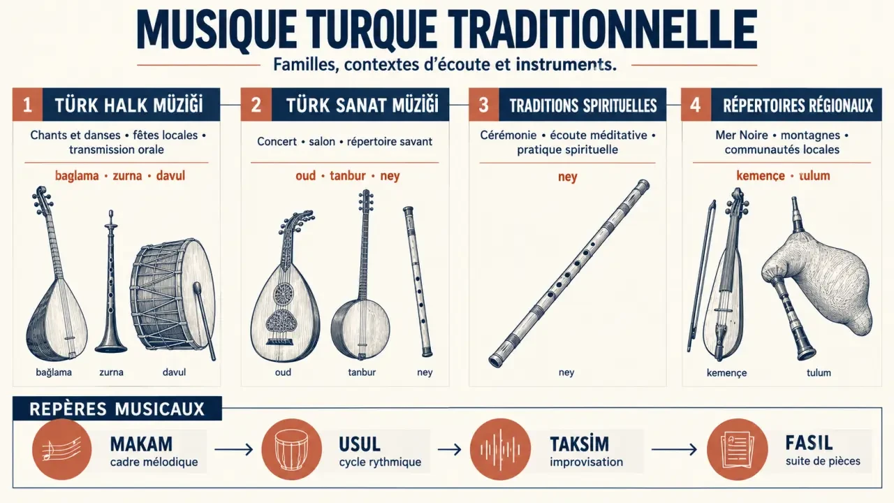 Infographie sur les grandes familles et les instruments de la musique turque traditionnelle