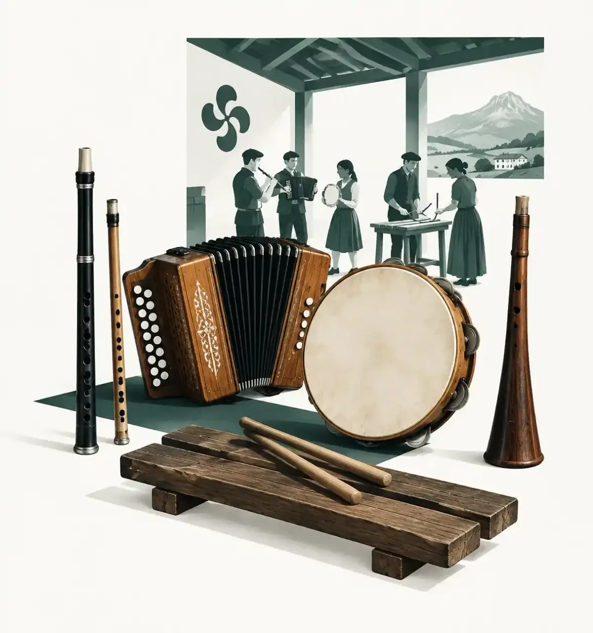 Instruments emblématiques de la musique basque traditionnelle : txistu, xirula, trikiti, pandero, txalaparta et alboka