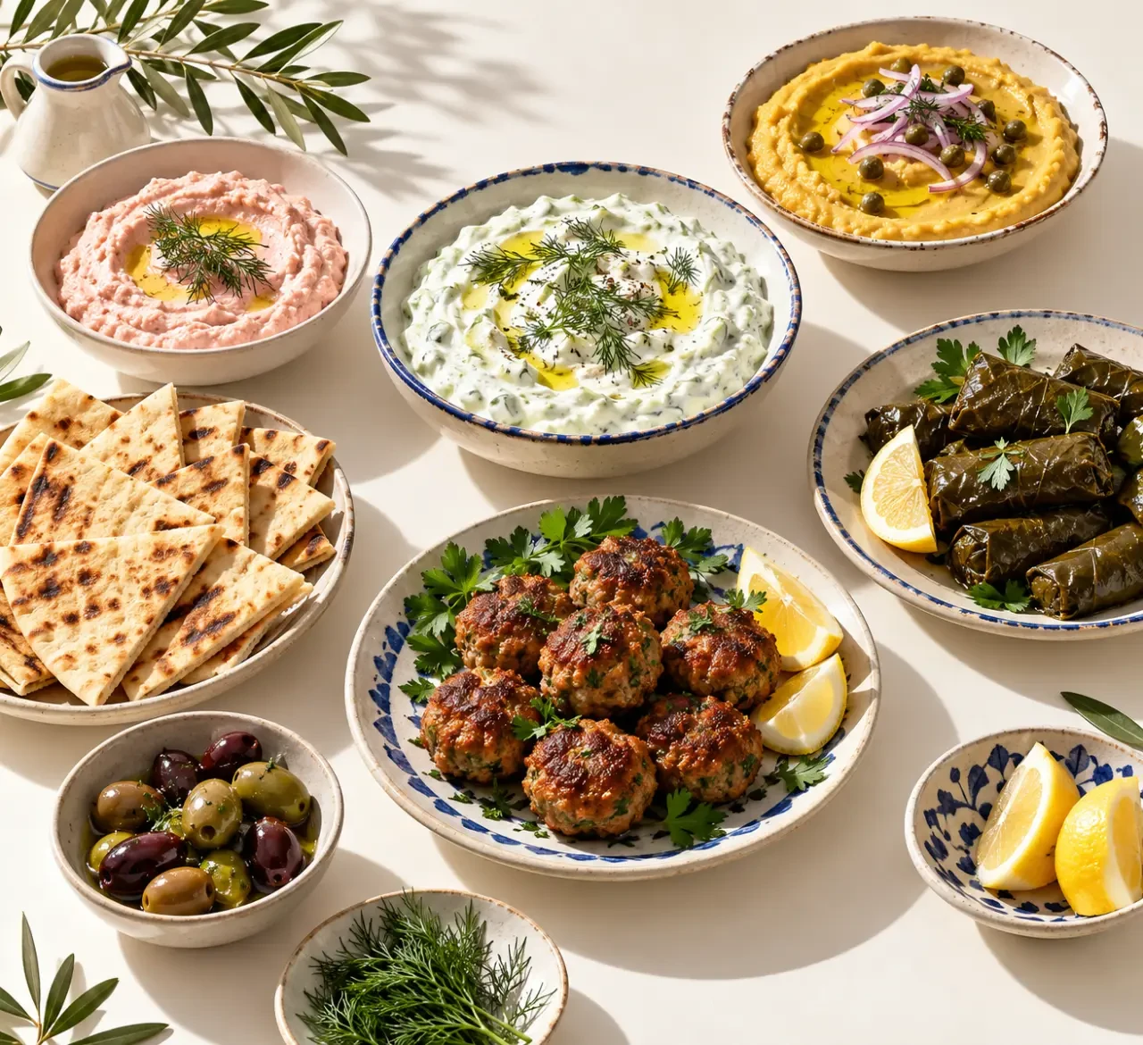 Mezzés parmi les plats traditionnels grecs : tzatziki, tarama, fava et dolmadakia