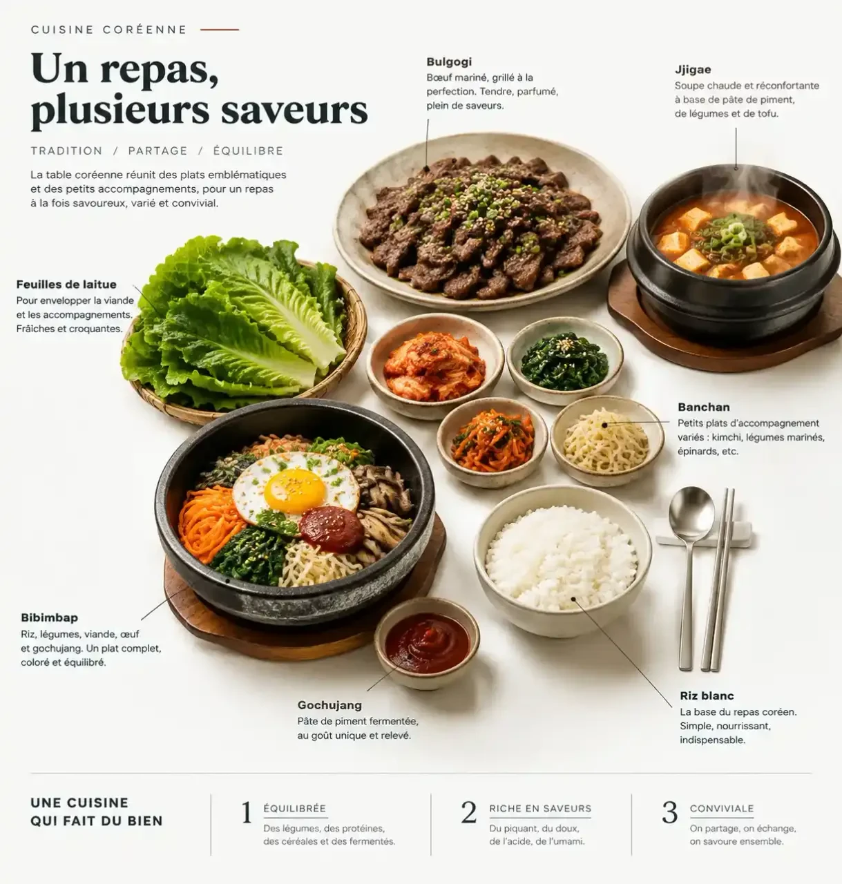 Table de plats traditionnels coréens : bibimbap, bulgogi, kimchi, jjigae et banchan à partager