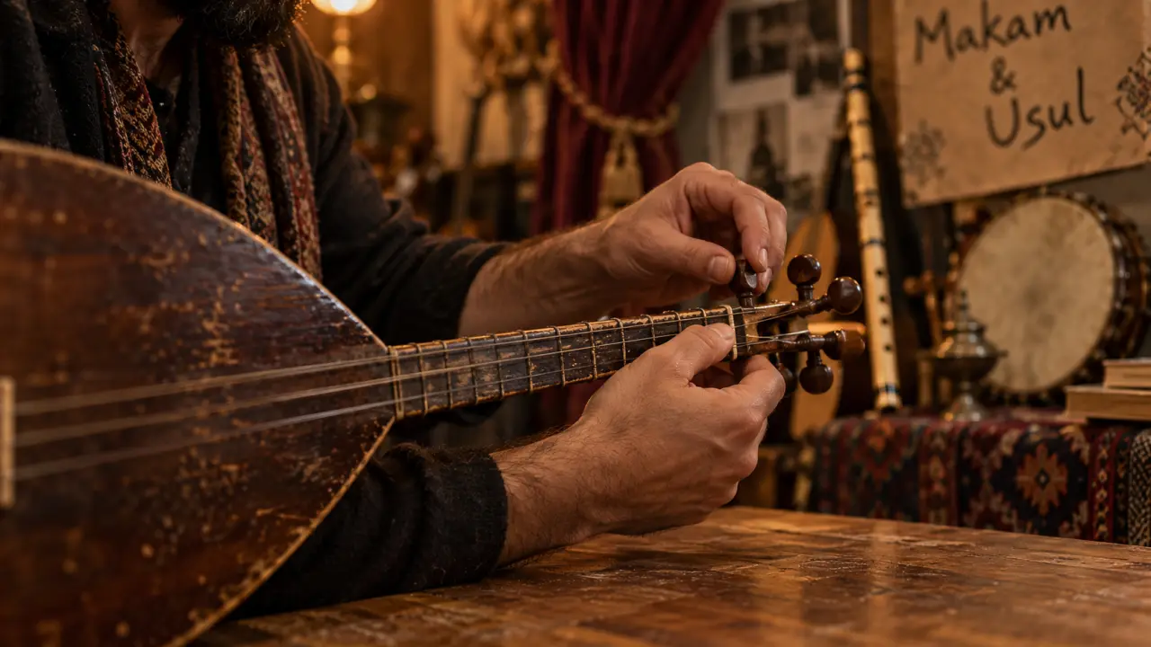 Musique turque traditionnelle : gros plan bağlama et mains réglant les chevilles