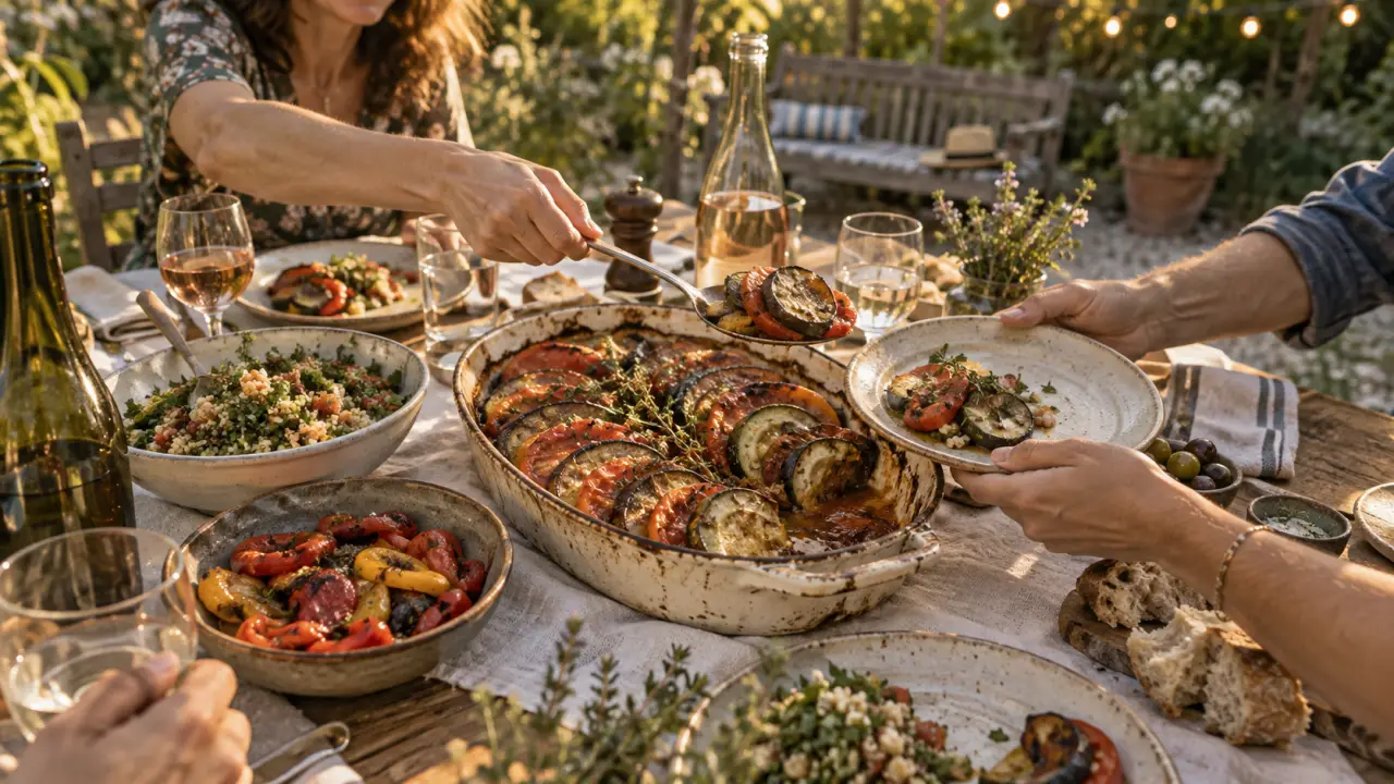 Plats conviviaux et estivaux a partager : tian de légumes au thym, jardin et table