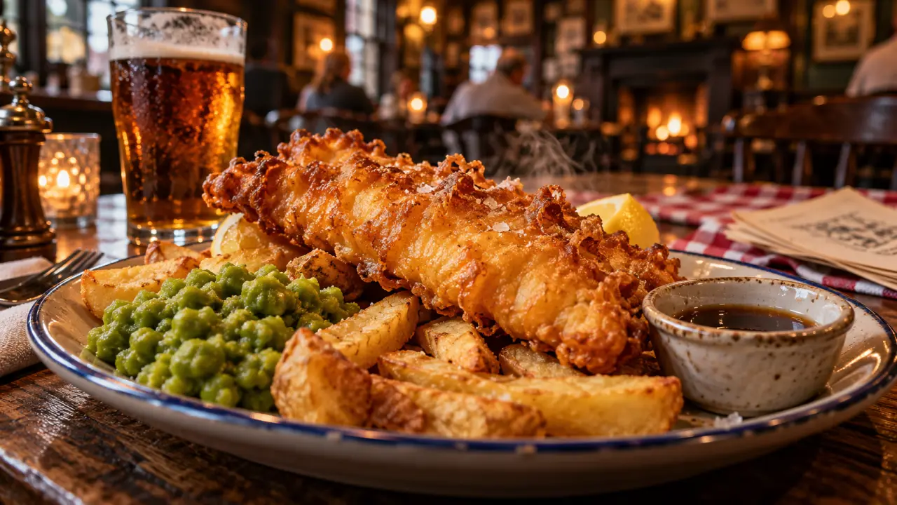 Plats traditionnels anglais : fish and chips en pub, vinaigre de malt