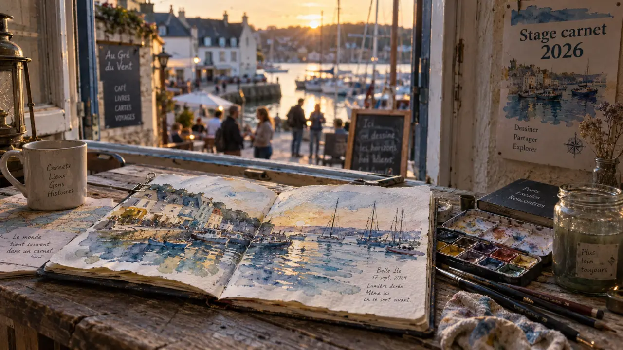 Stage carnet de voyage 2026 : carnet d’aquarelle et pinceaux près d’une fenêtre