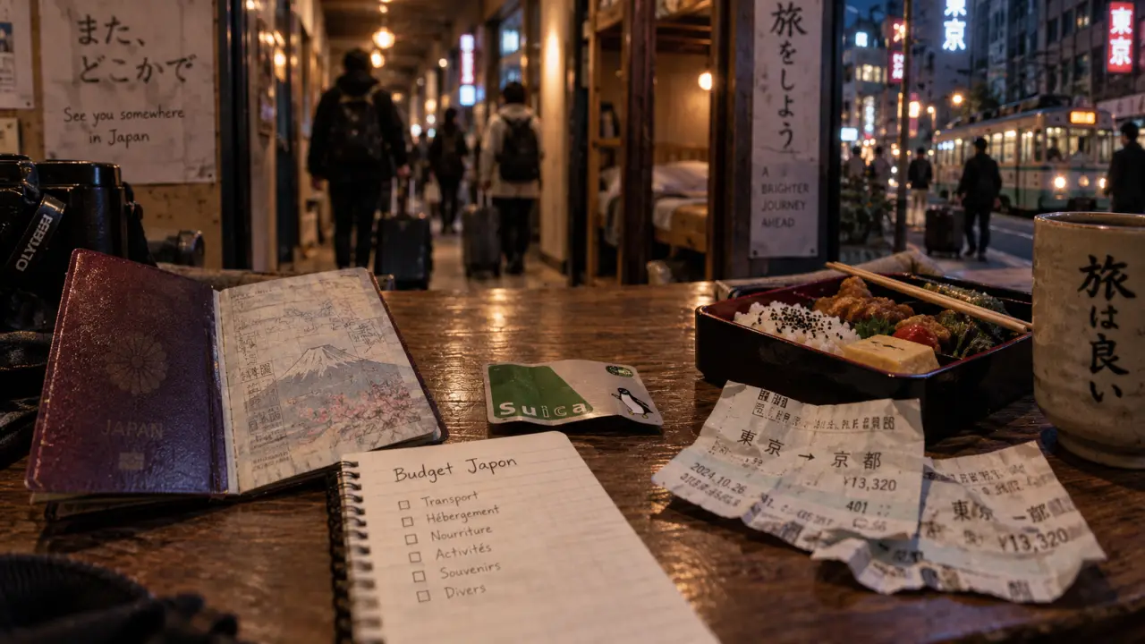 Voyage au Japon: budget et conseils — passeport, carte Suica et carnet budget sur table, Tokyo